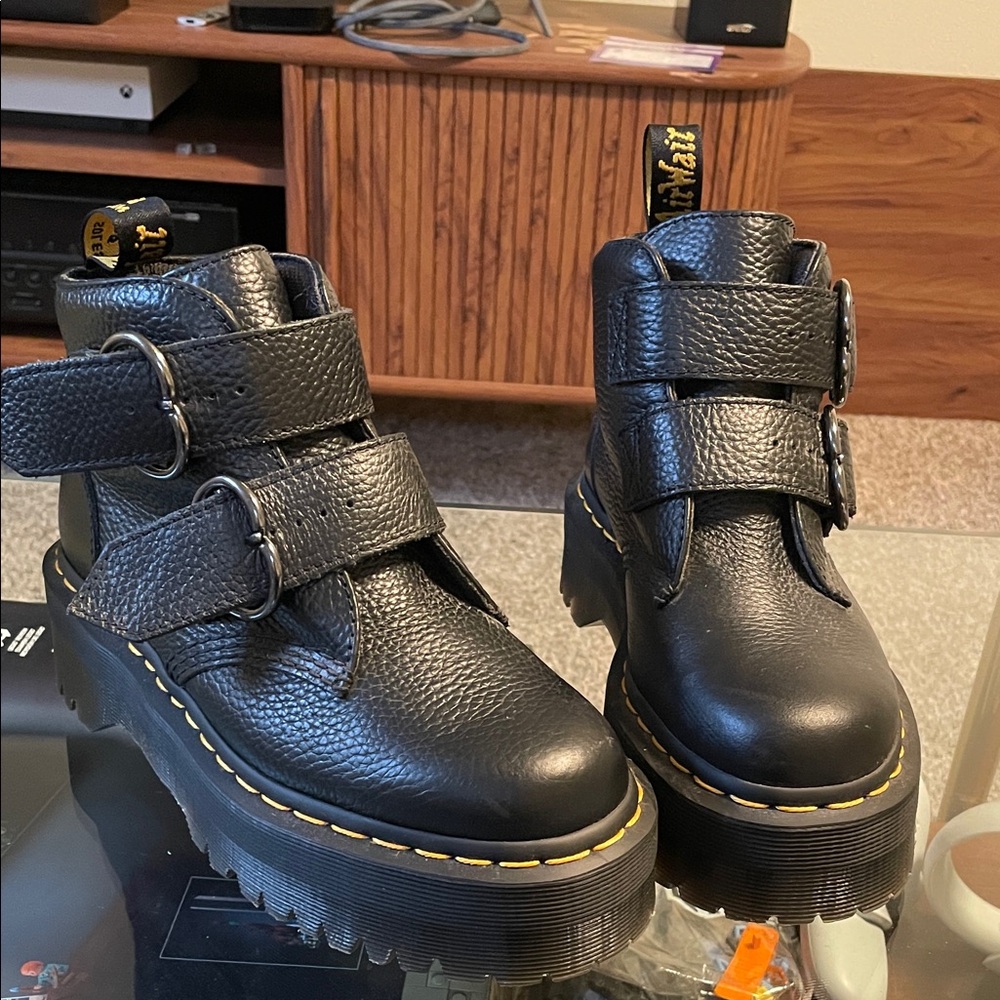 Dr. Martens Black Combat Boots with Heart Buckles